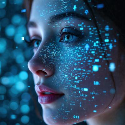The primary subject of the image is a woman with a blue background. She is wearing a blue shirt and has a blue hue to her eyes. The visual style of the image is digital art, as it appears to be a computer-generated image. The colors and mood of the image are predominantly blue, creating a calm and serene atmosphere.